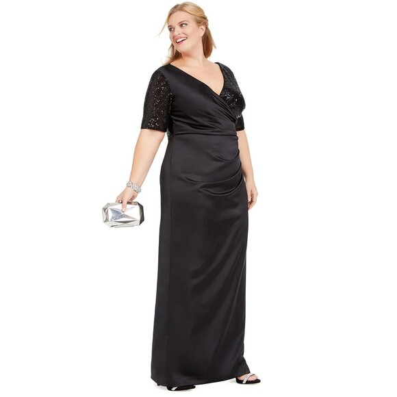 Adrianna Papell Formal Gown Maxi Dress Black Satin Sequin Long NWT Glam 16W - Picture 16 of 16